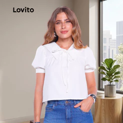 Lovito Blusa Preppy Feminina Gola Grande Moda Babados Laço BLB985BRL1015