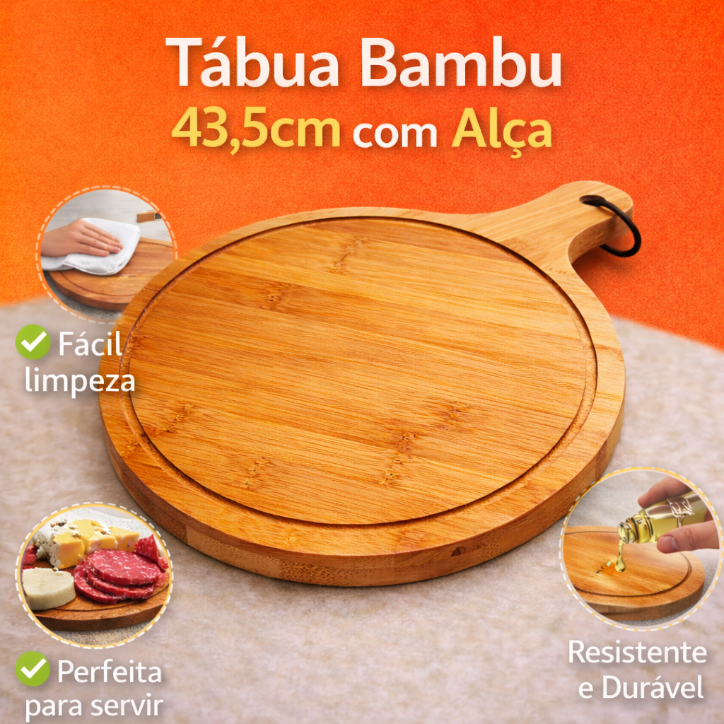Tábua Bambu Tipo Pá 43,5cm com Alça e Canaleta | Corte Pizza Frios Queijos Servir Gourmet