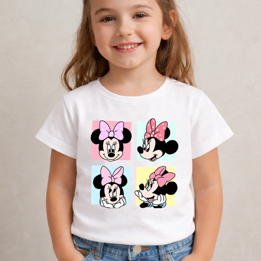 Camiseta Infantil Menina Quadrinhos da Minnie Coração Personagens Animados Blusa Algodão Juvenil