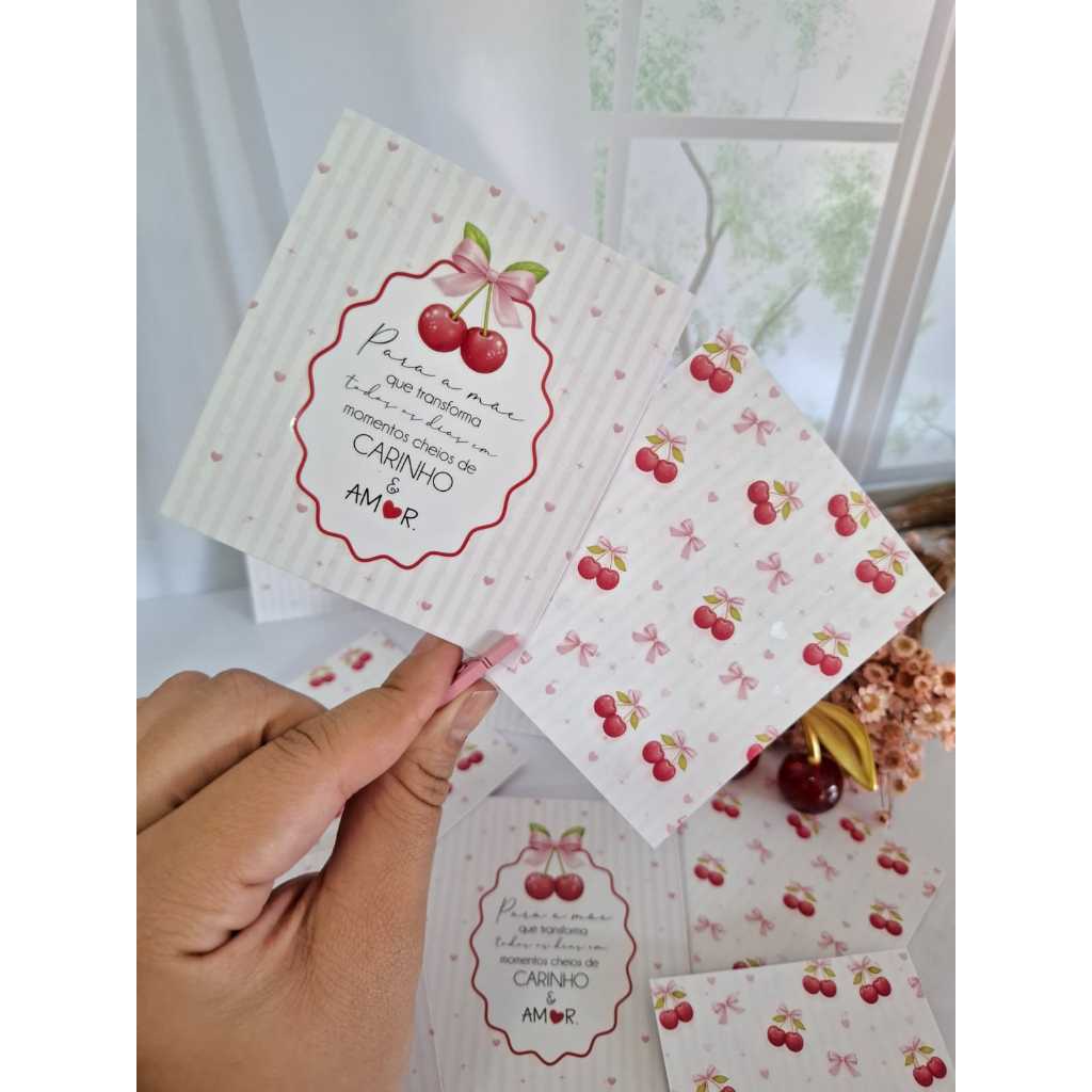 20un Postal Cookie Card 9x10cm "Cerejas" Coleção Dia das mães