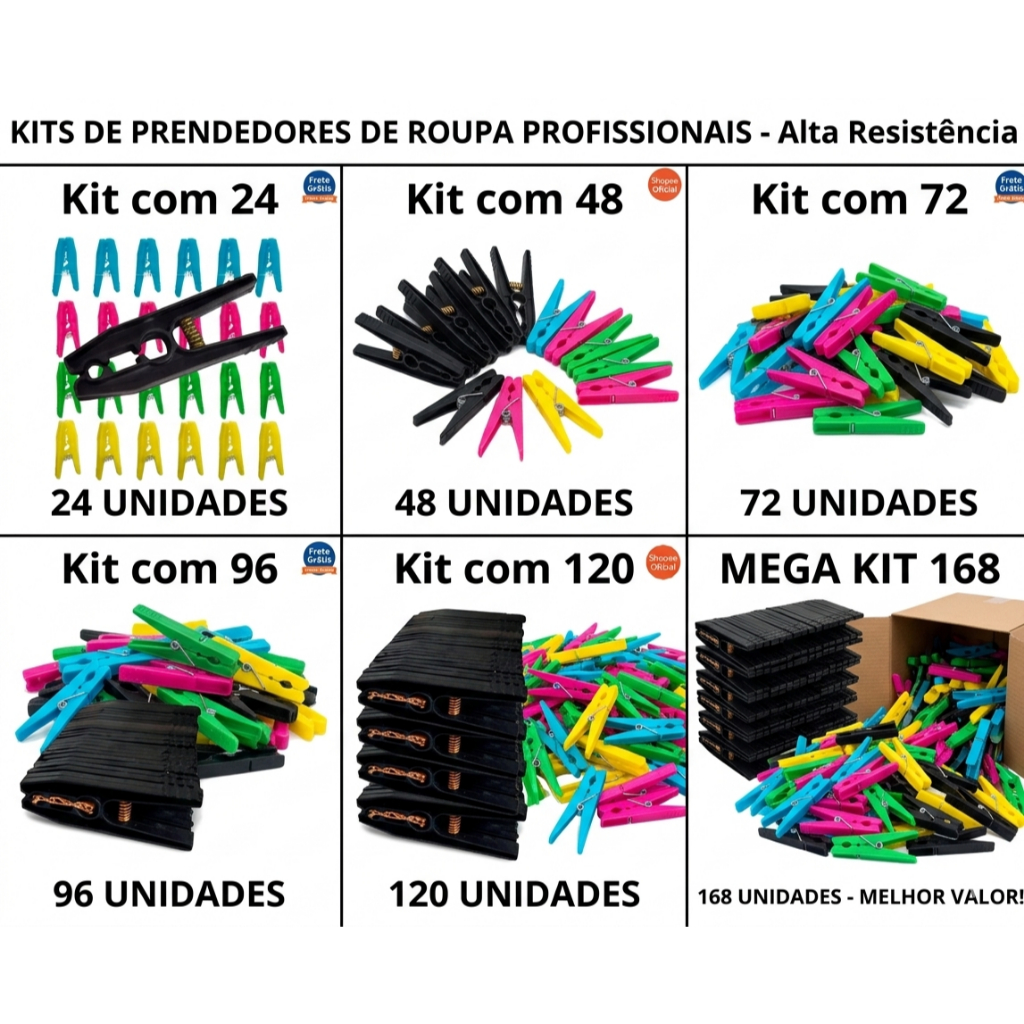 Kit 168, 120, 96, 72, 48 ou 24 Prendedores de roupas Coloridos, reforçados e resistentes