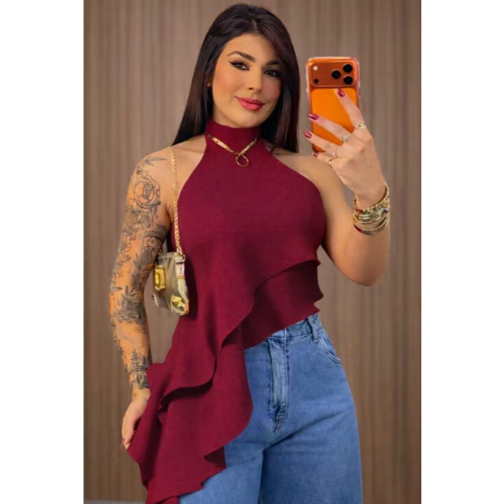 Blusinha Gola Alta Assimetrica Babado Faixa Caimento Elegante