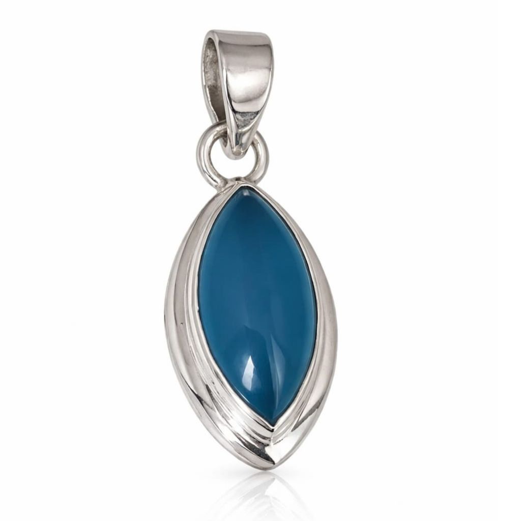 PINGENTE FEMININO DE PRATA 925 LEGÍTIMA CALCEDÔNIA NATURAL NAVETE SLIM
