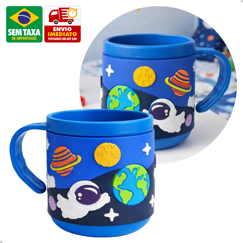 Caneca Infantil 220ml Emborrachada 3D Alto Relevo Colorida Alça Fácil Criança Escola