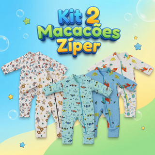 Macacão Estampado Kit 2 Menino Bebê Algodão Zíper Vira Pé Inverno Infantil Macio Macacões em Oferta na Shopee
