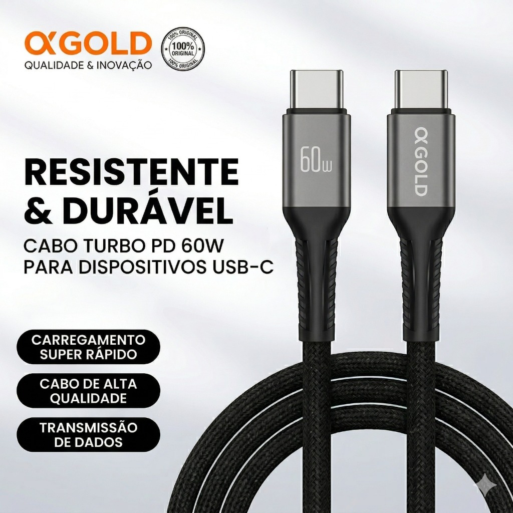 Cabo Carregador USB-C + Tipo-C Turbo 60W 1M A'GOLD em Oferta na Shopee