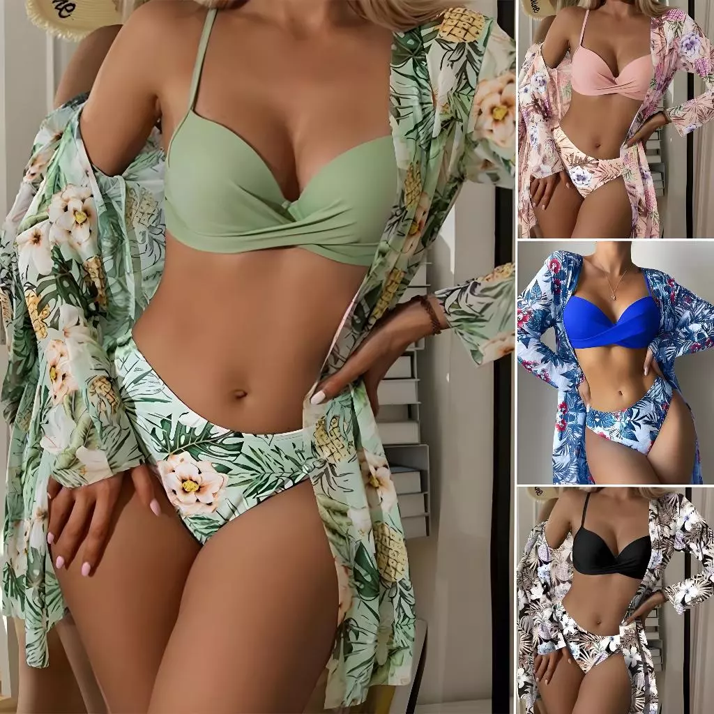 Biquíni Feminino Impresso Maiô de Praia de Manga Comprida Sexy Três Peças Saida de Praia Feminino — imagem 1