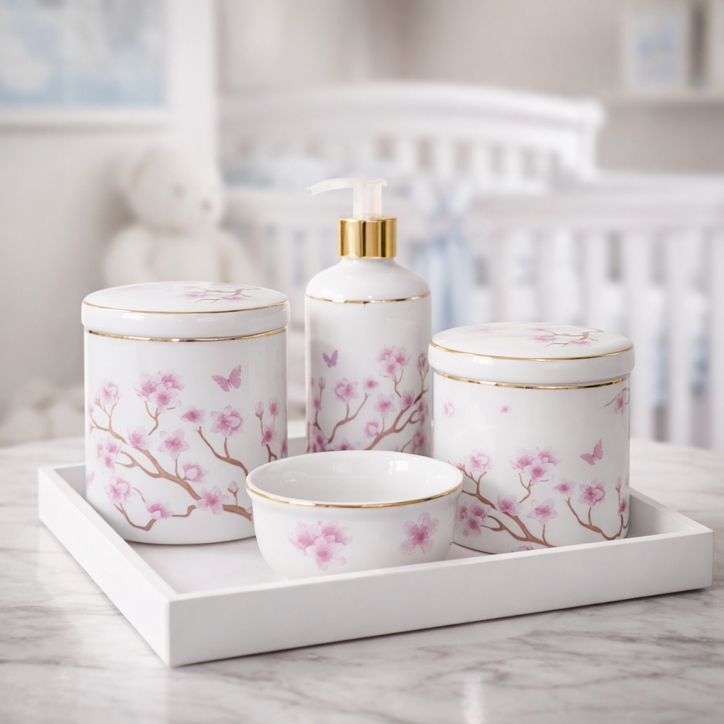 Kit Higiene Bebe Rosa Flor Menina Porcelana Floral