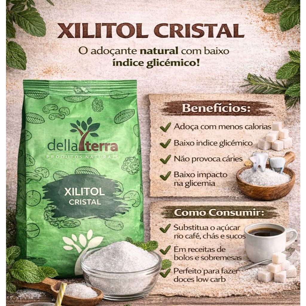 Xylitol Cristal Puro 1Kg - Della Terra em Oferta na Shopee