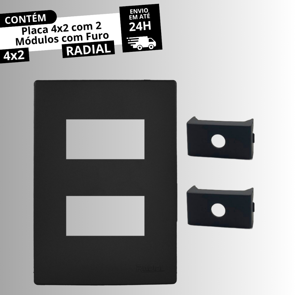 Espelho (Placa) 4x2 com 2 Módulos com Furo Linha Ouro Preto Fosco RADIAL