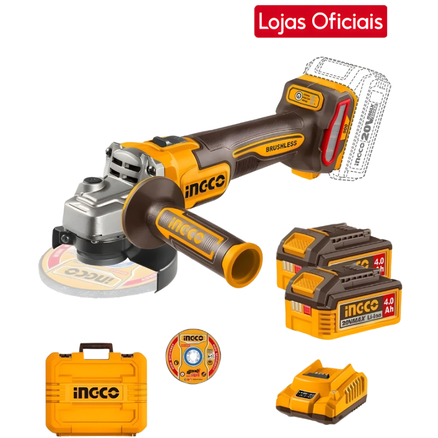 Esmerilhadeira Angular Ingco 20V Brushless 4.1/2 Pol 900W + 2 Baterias 4Ah + Maleta CAGLI261522