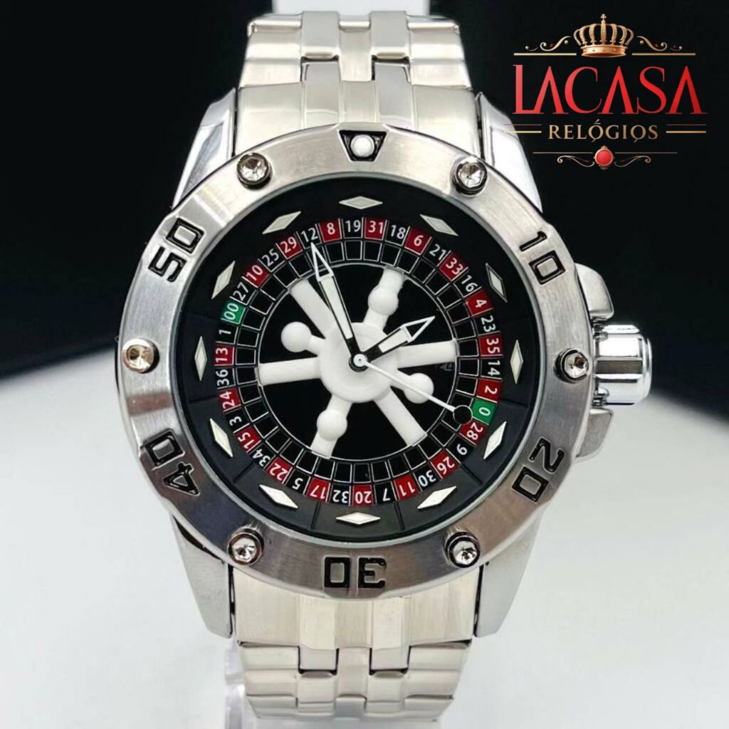 Relógio Masculino Luxo Invicta Prata Roleta Cassino 100% Funcional Elegante Quartzo Aço Inoxidável
