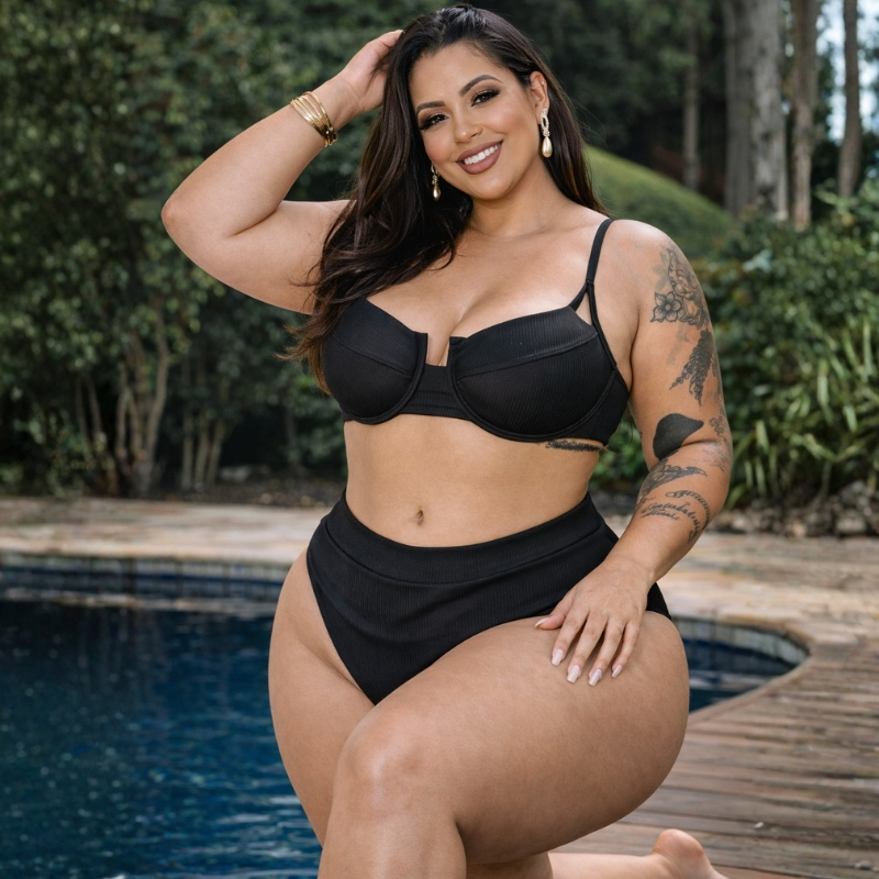 Conjunto De BiquÍni Plus Size Meia Taça com Cintura Alta Amarrações Ajustáveis tecido Ana Ruga