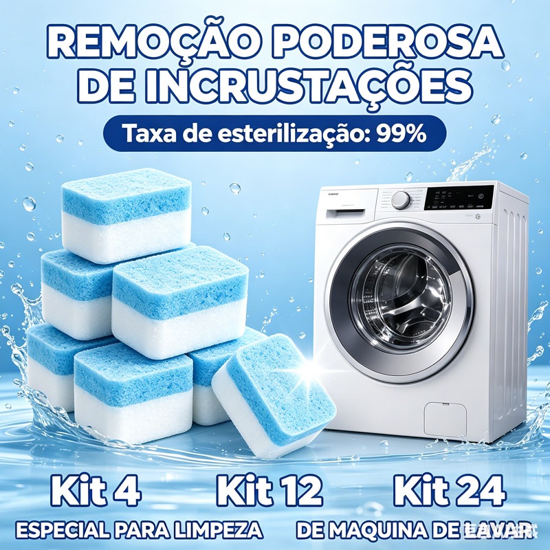 Pastilha Efervescente Limpa Máquina de Lavar Higienizador Tira Odor Mofo e Limo (Kit 16/32)