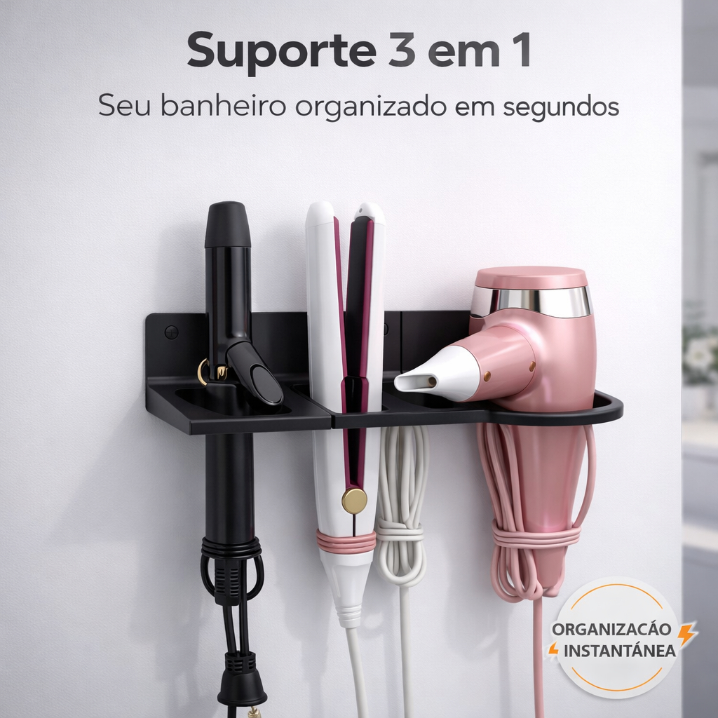 Suporte de Parede 3 em 1 Secador Chapinha Babyliss – Organize seu Banheiro Fácil