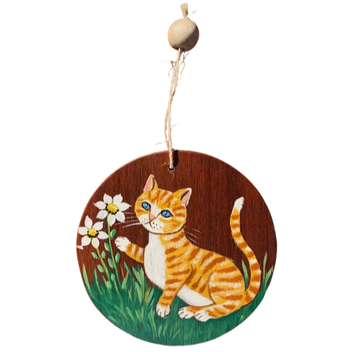 Gato Amarelo Pintado Á Mão Na Madeira Redonda Bolacha Com Pintura Artesanal