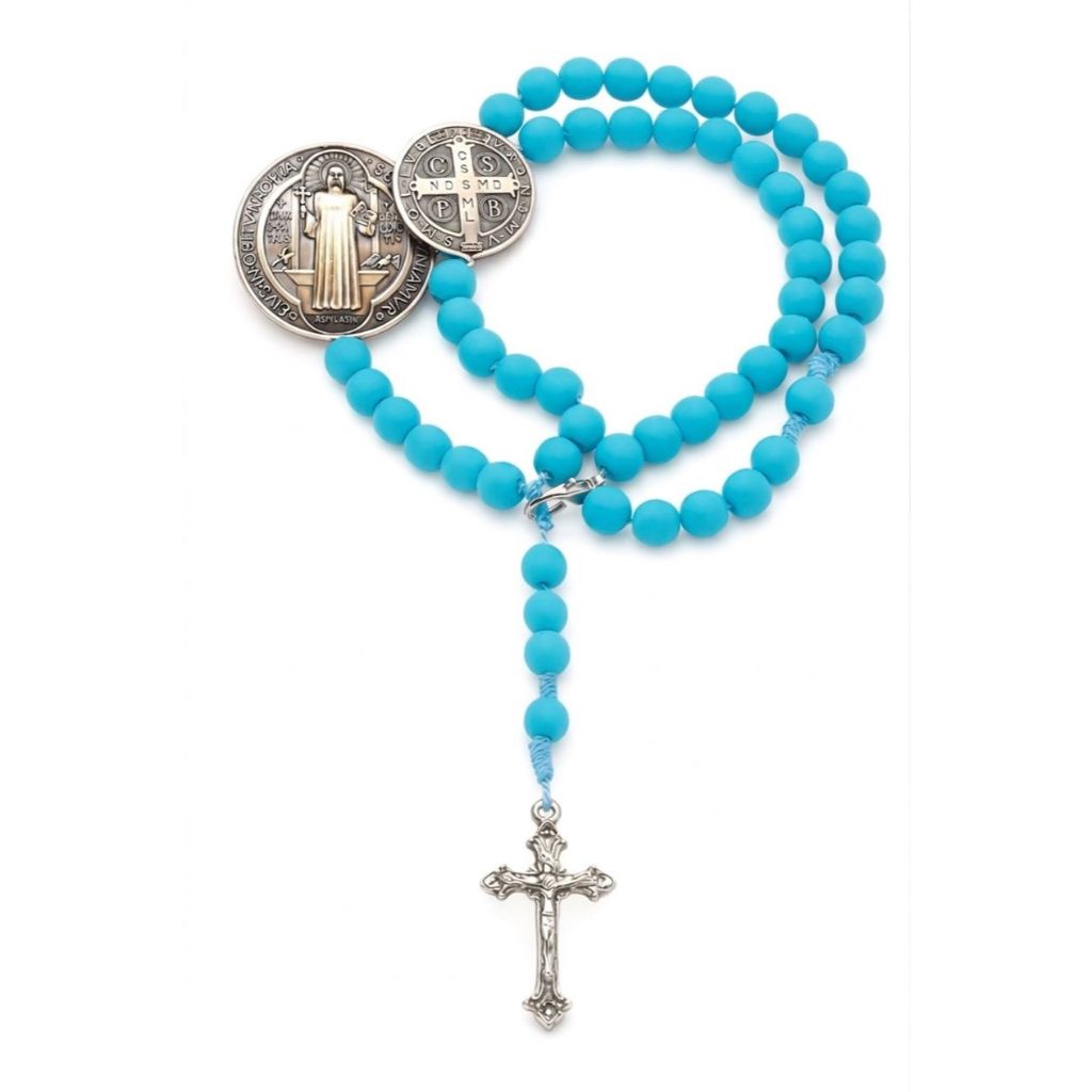 Terço De Pulso Azul São Bento Hematita Com Medalhas Religiosos Unissex Luxo