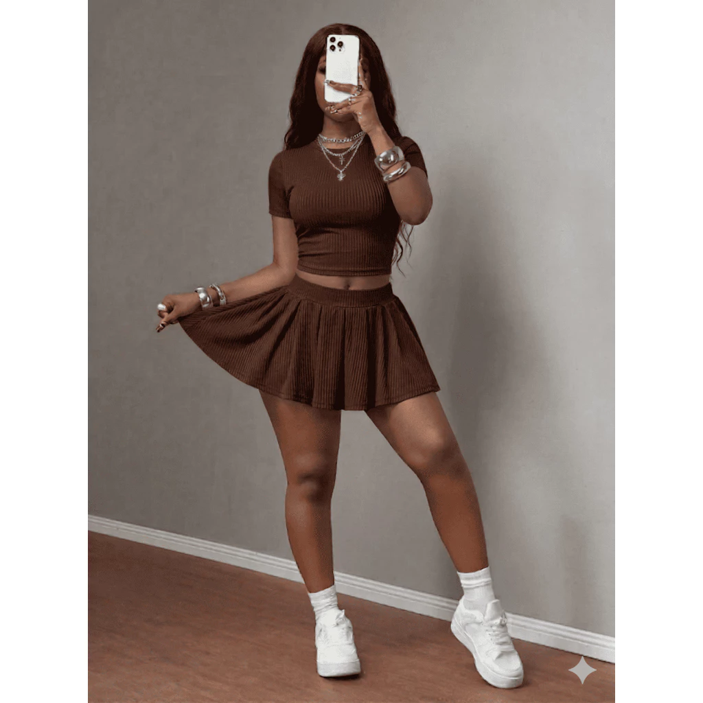 Conjunto Feminino Agatha Blusinha Manga Curta + Saia Curta Godê Ribana Look Versátil Moda Verão