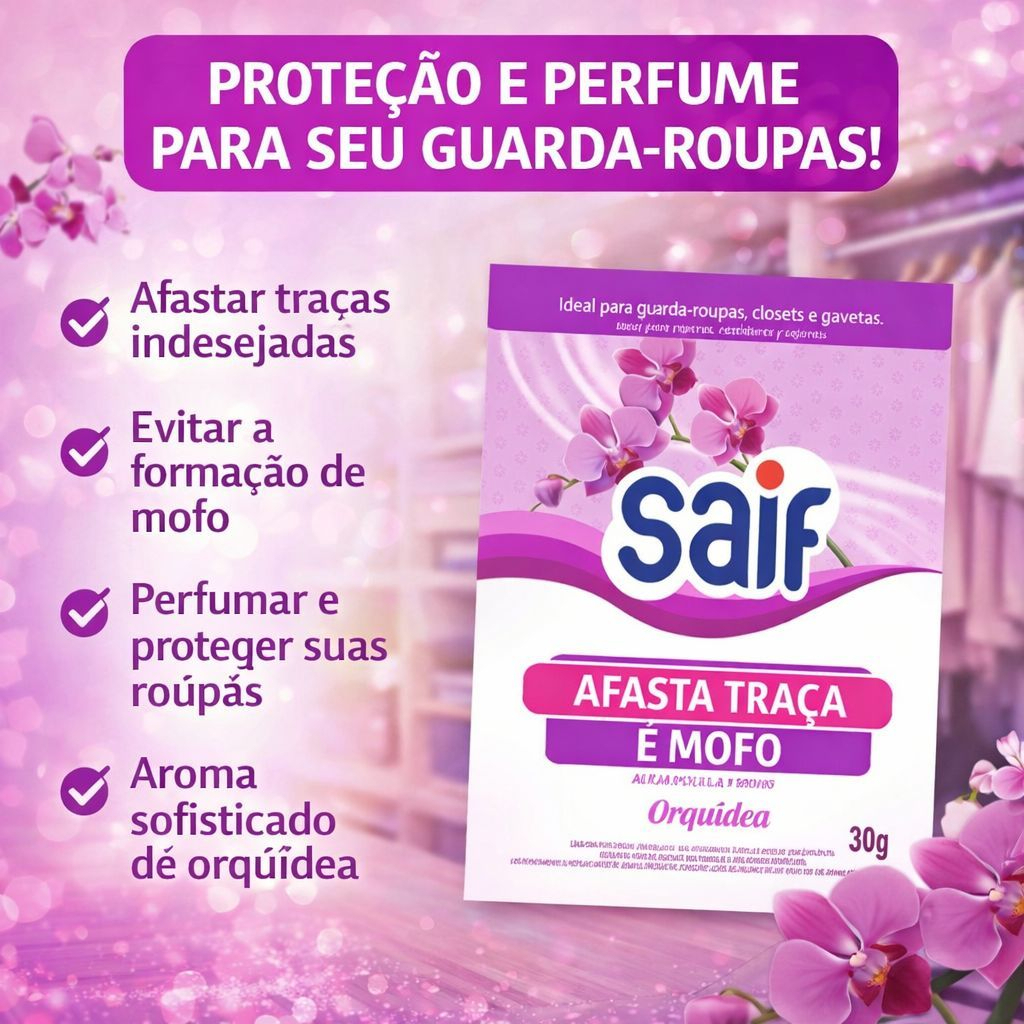 3 KIT Afasta Traça e Mofo Perfumado Orquídea 30G Saif/ Antimofo e Antitraça Perfumado Para Roupeiros