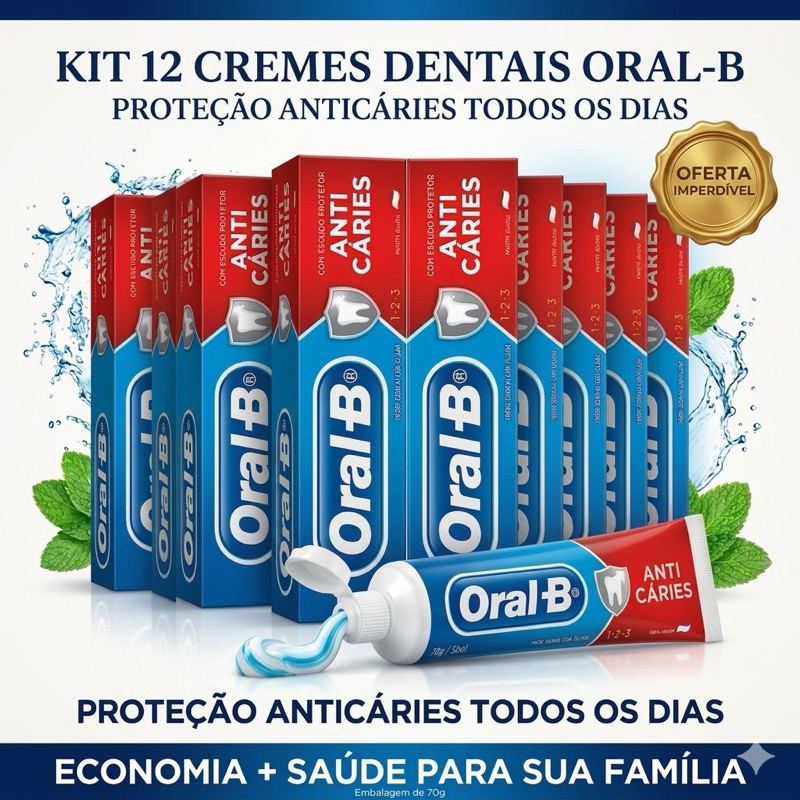 Oral-B Kit 12 Cremes Dentais Anticáries Oral-B Proteção Diária 123 – Frescor e Saúde Bucal