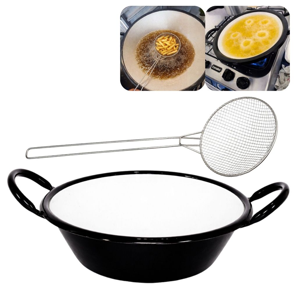 Kit Tacho Esmaltado E Escumadeira Aramada Fritura Pastel Antiaderente Alumínio Panela Peneira Reforçada Escorredor