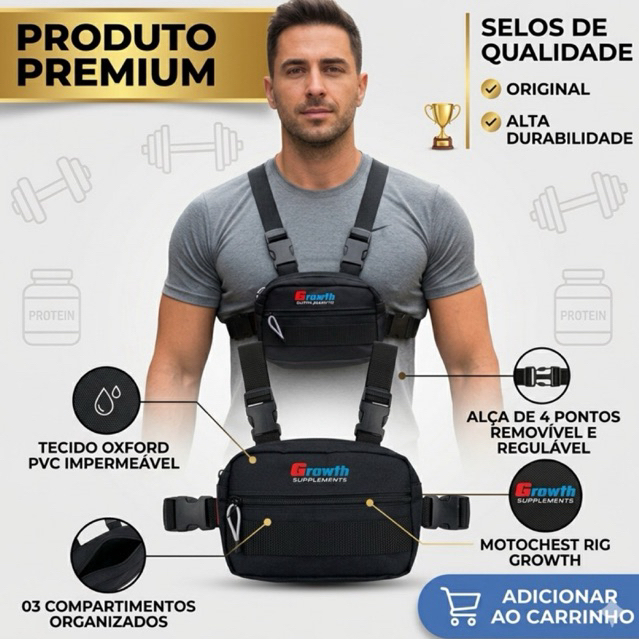 Growth suplementos Bolsa de Peito Multifuncional para Motoboy Corrida e Outros 244 com Alça Removível e Regulável