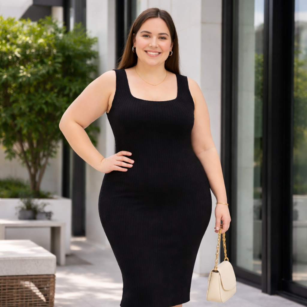Vestido Plus Size Feminino Midi Canelado Alcinha Curve Modelador Decote Quadrado Tamanho GG XG G1 G2