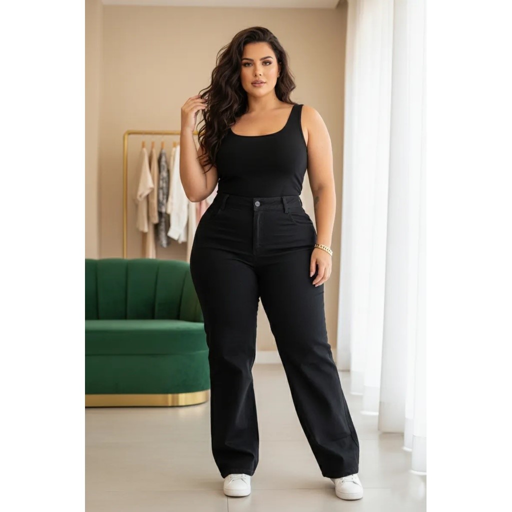 Calça Jeans Feminina Wide Leg Plus Size Cintura Alta Stillger Elastano Confortável Moda Ca...