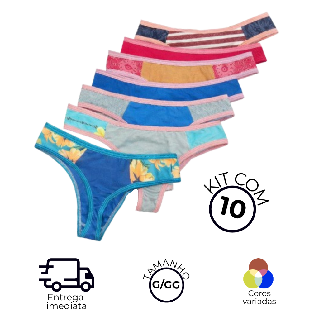 Kit 10 calcinhas femininas, cores variadas, estampadas , G/GG, promoção, oferta, barata, revenda, fio dental.