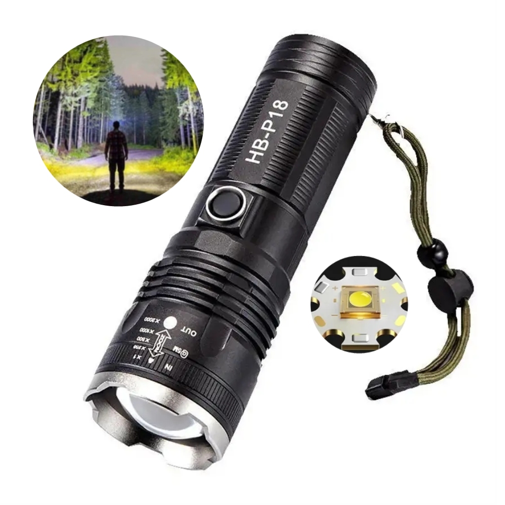 Lanterna super potente para aventuras noturnas, equipada com pilhas de longa duração e ideal para defesa pessoal em situ