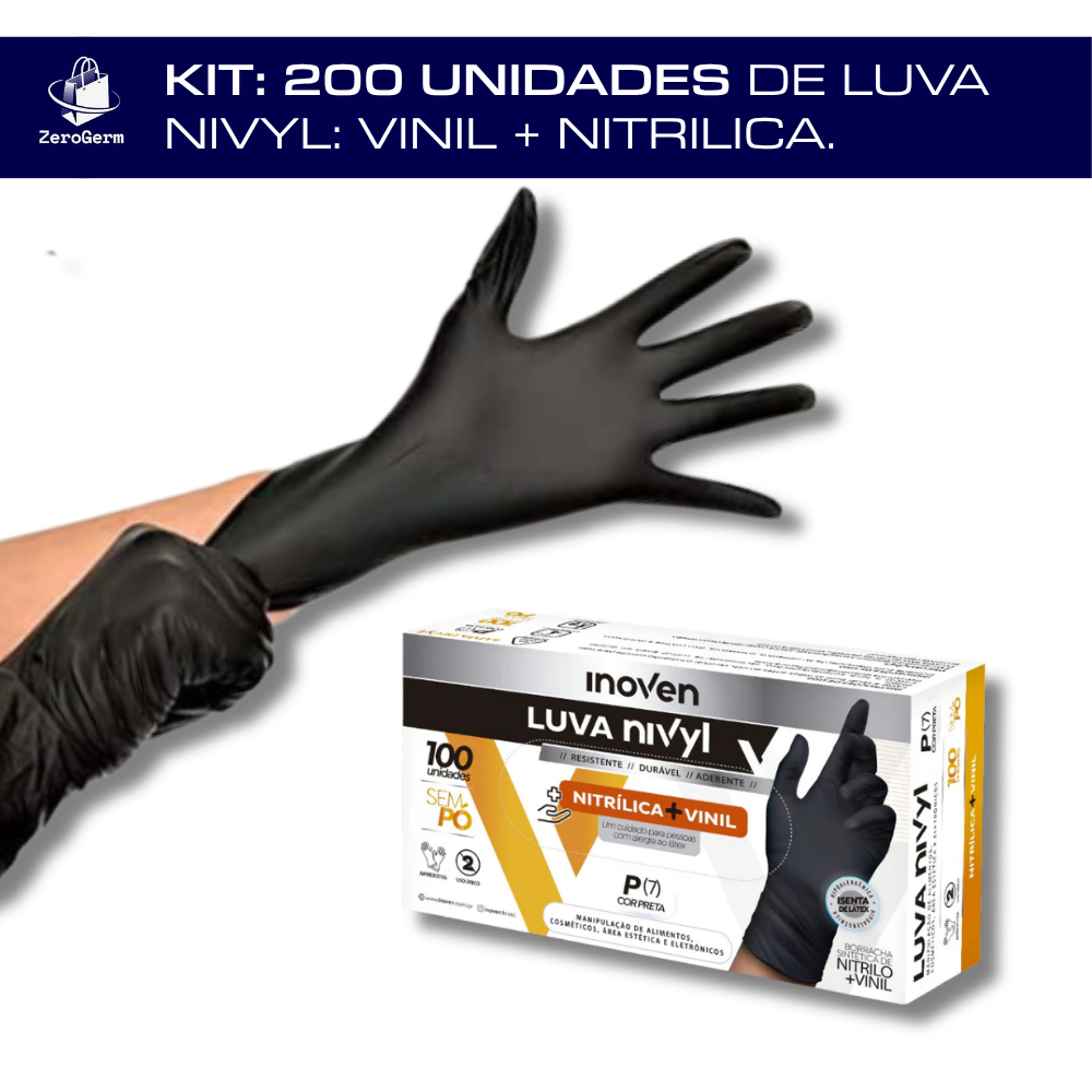 Kit 200 Uni. Luva Descartável de Nivyl PRETA | 2 CAIXAS SEM PÓ de Nitrílica / Nitrilo + Vinil