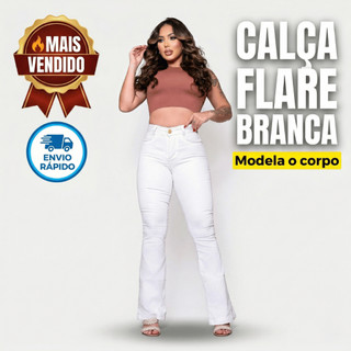 Calça Jeans Feminina Flare Cintura Alta Levanta Bumbum Modeladora Lycra Stretch Boca de S…