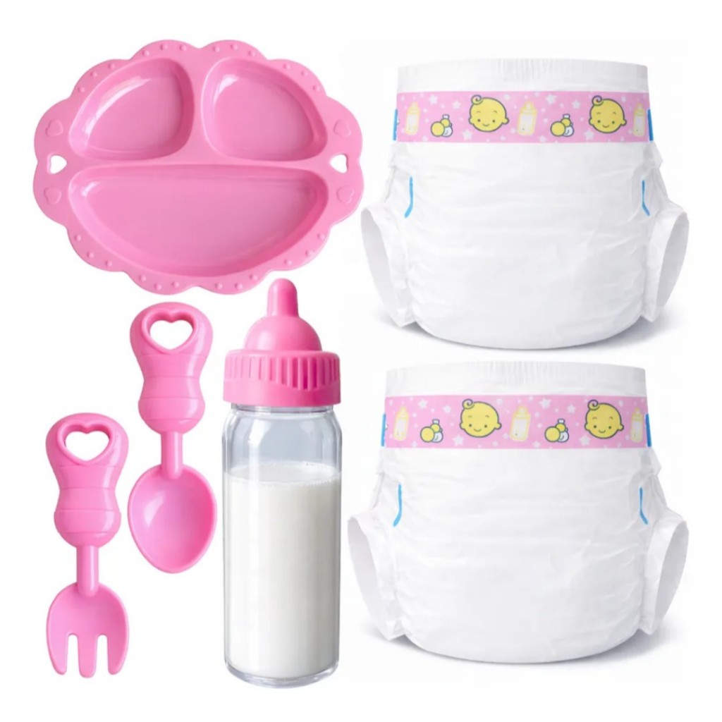 Kit  Acessórios Completo com Fralda, Mamadeira, Prato e Talheres Rosa  Brinquedo pra bebe reborn