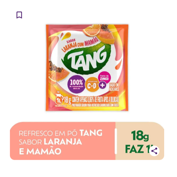 18 Refresco em Pó Tang Laranja Com Mamão 18g - Não Contém Glúten