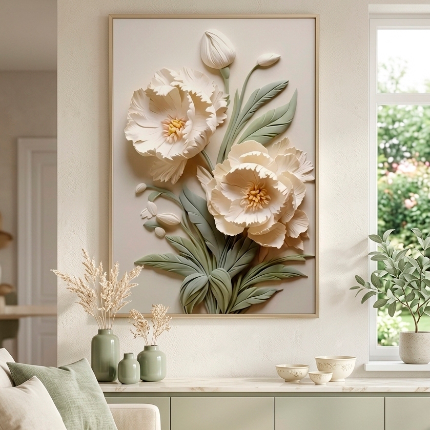 Quadro Decorativo Floral 3D Flores Bege e Verde – Arte Moderna para Sala e Quarto