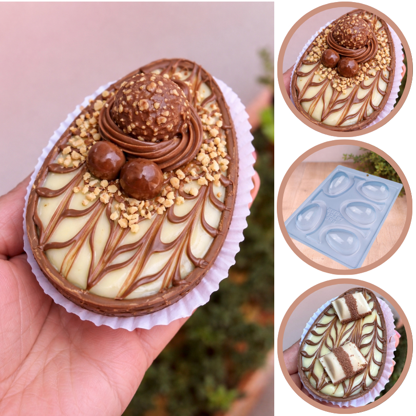 1~4 Forma BWB Com Silicone (3 partes) Para Chocolate Cód. 10467 - Ovo Liso 50g. Feliz Páscoa (CHOCO)