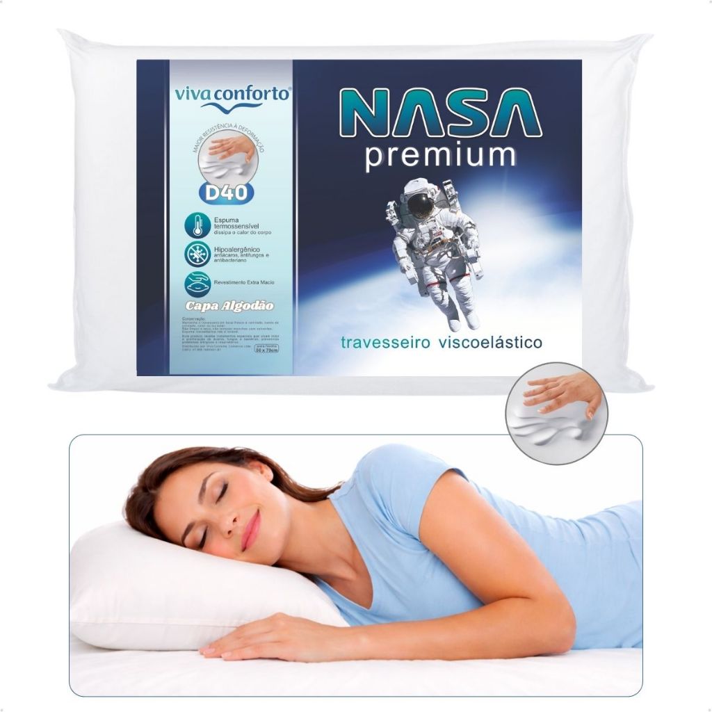 Travesseiro Nasa Visco D40 Original Viva Conforto Hipoalergênico Capa Percal Algodão Altura 10cm