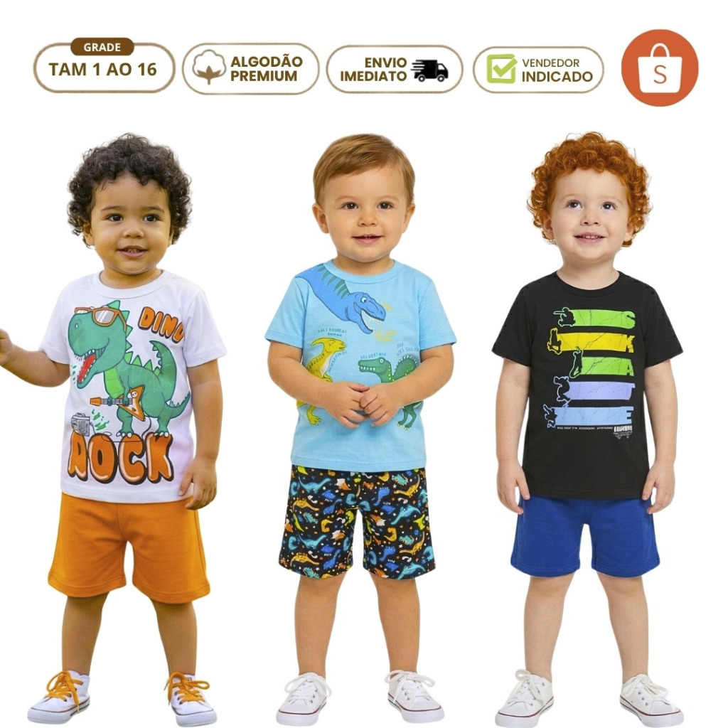 Kit 6 Peça Roupa de Bebê Verão Conjunto Curto Menino Calor Estilo Blogueiro 3 Regata 3 Short Dino Safari Moletinho Leve