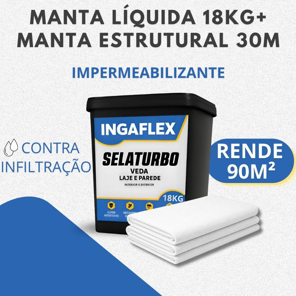 Manta Líquida Emborrachada 18KG + Manta 30M VP50 Para Laje Telhado Parede Anti Infiltração Fissura