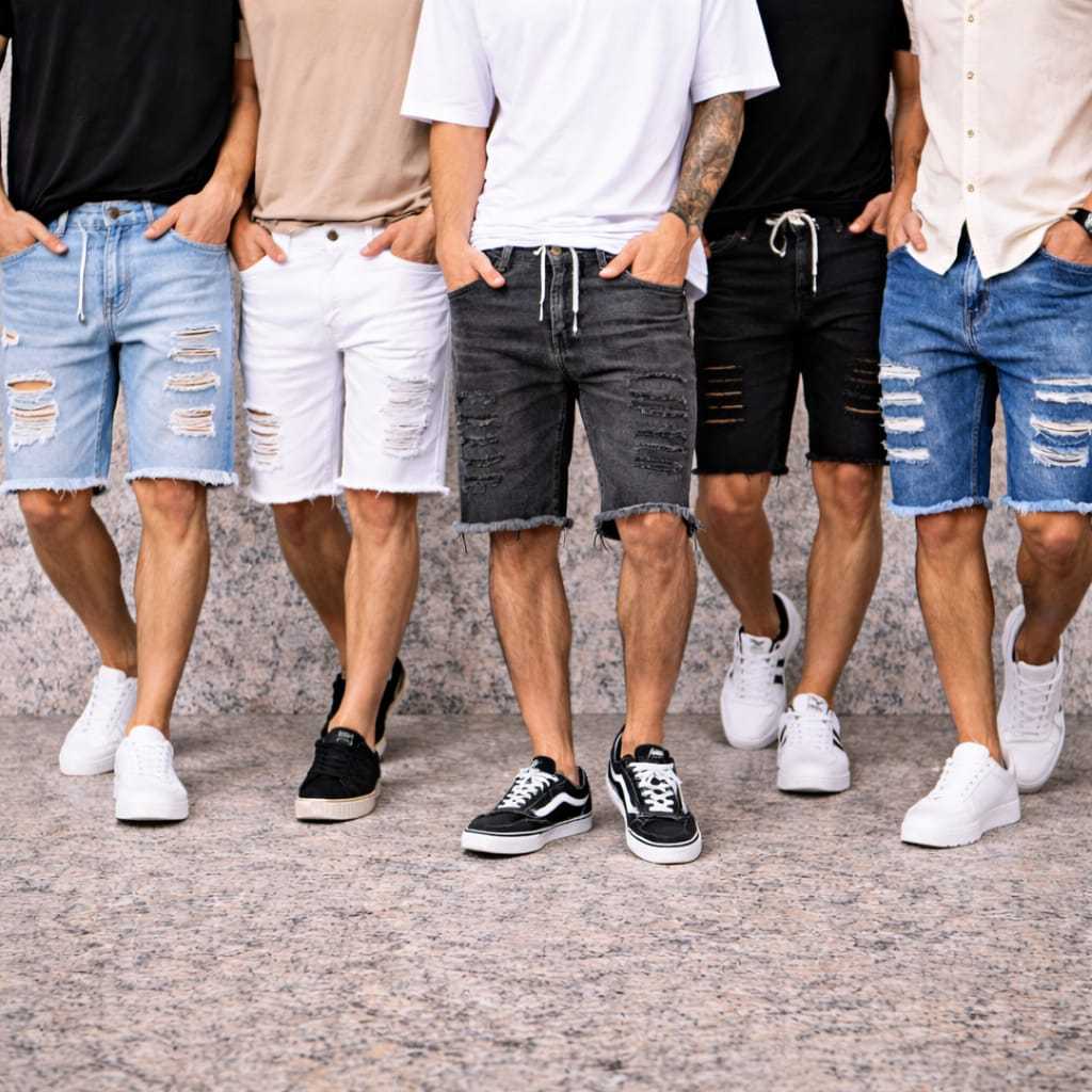 Kit com 5 Bermuda Jeans Masculina Rasgada Jogador