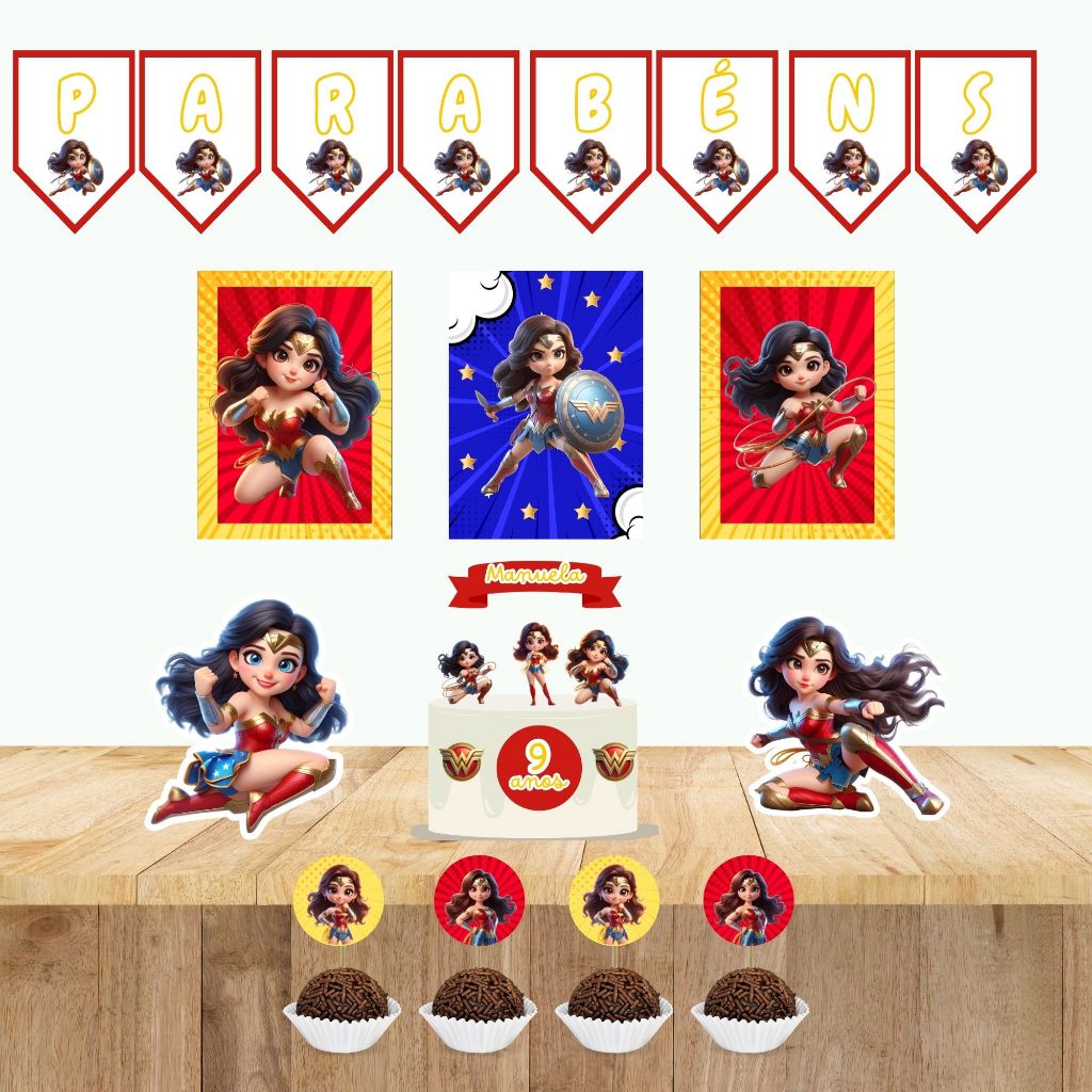 Kit Só Um Bolinho Mulher Maravilha| Topo de bolo + Bandeirola+ Poster + Tags de doce+ Display | Decoração Festa