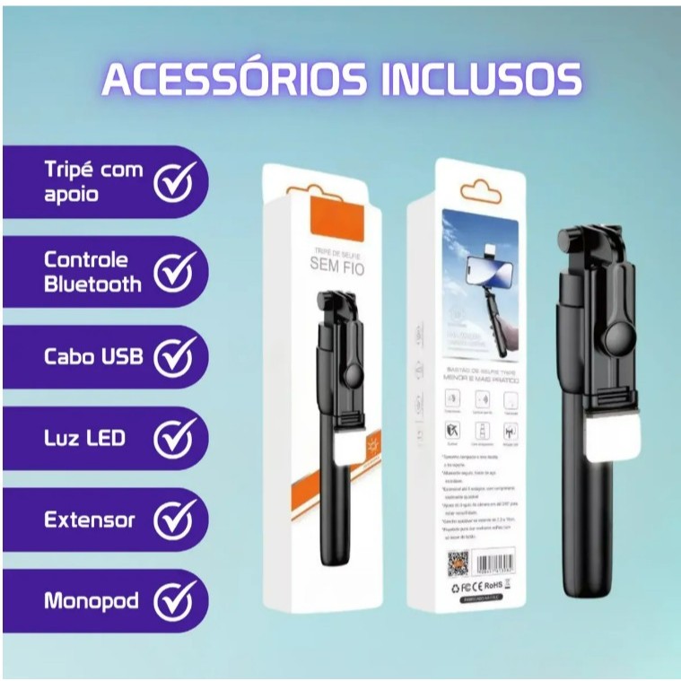 Bastão de Selfie com Bluetooth e Luz LED Eletromex EL-7003