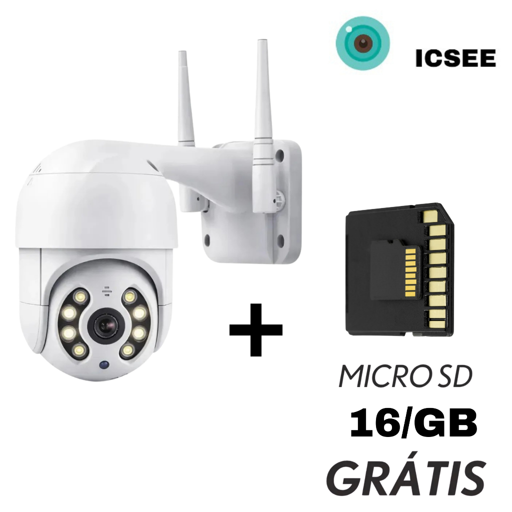 Kit Câmeras Segurança IP WiFi Externa iCSee Infravermelho Prova D’Água +Cartão MicroSD 16GB