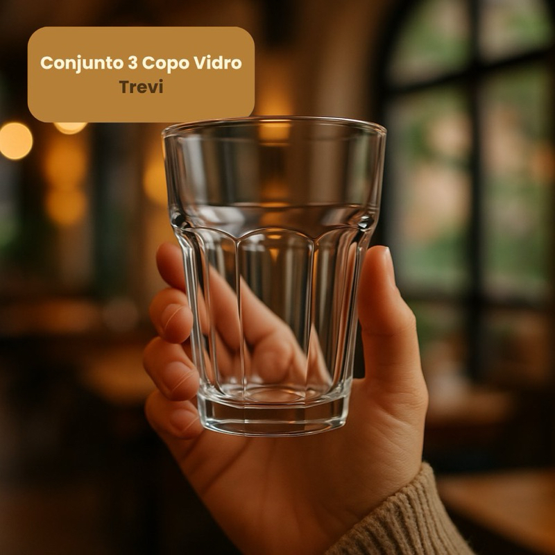 Conjunto 3 Copos Vidro Transparente 350ml Trevi Sucos Água Refrigerantes Drinks Praticidade Durabilidade
