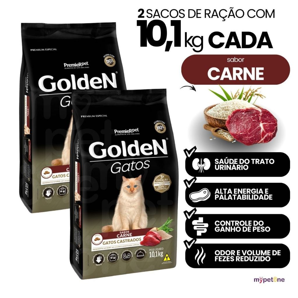 Kit com 2 Ração Golden Fórmula Gatos Adultos Castrados Sabor Carne 10,1kg