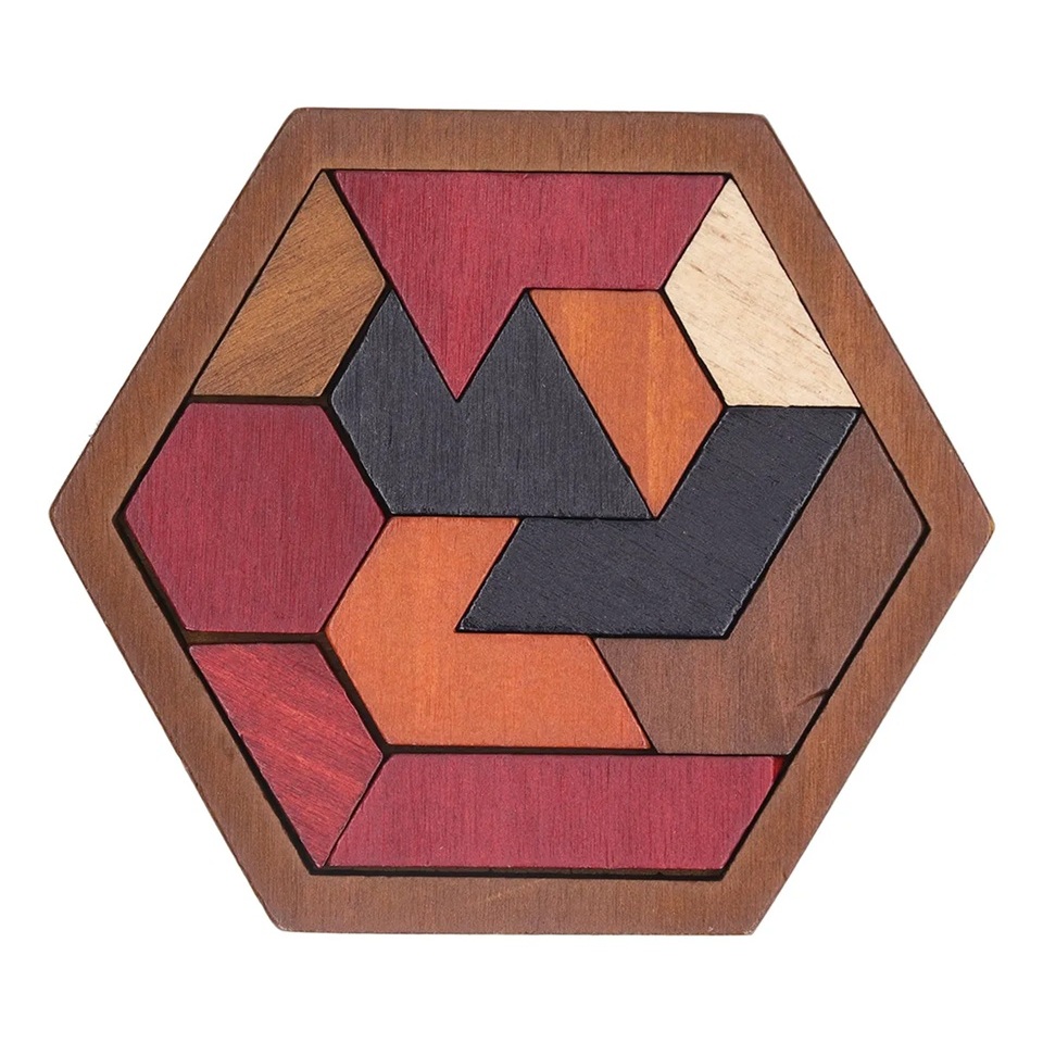 Quebra Cabeça Hexagonal de Madeira Desafio Lógico Educativo Decorativo 11 Peças Tangram Chinês