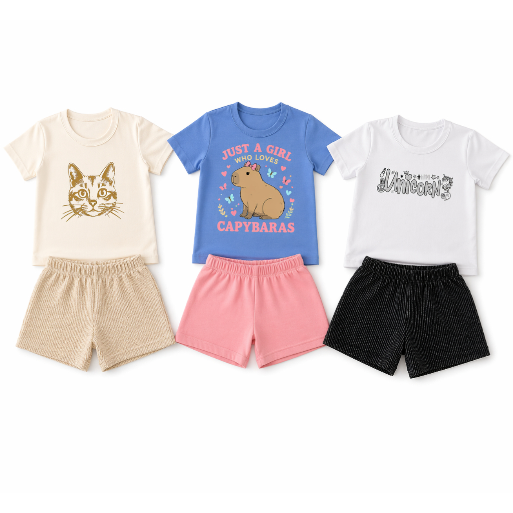 Kit 3 Conjuntos Infantil Menina Algodão Blusa e Short Verão Tamanhos 4 ao 12