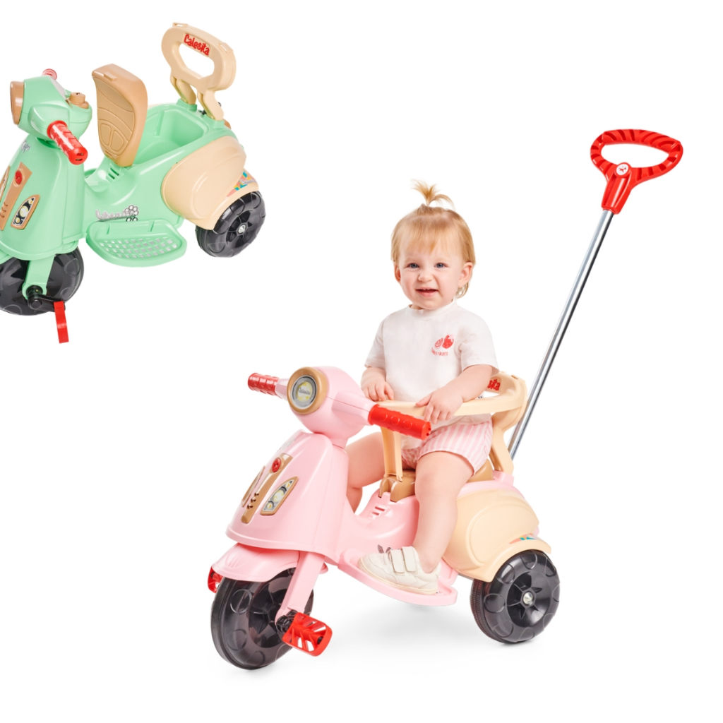 Triciclo Infantil Vespita Velotrol Motoca C/ Buzina Com Haste Calesita Empurrador + Proteção Lateral
