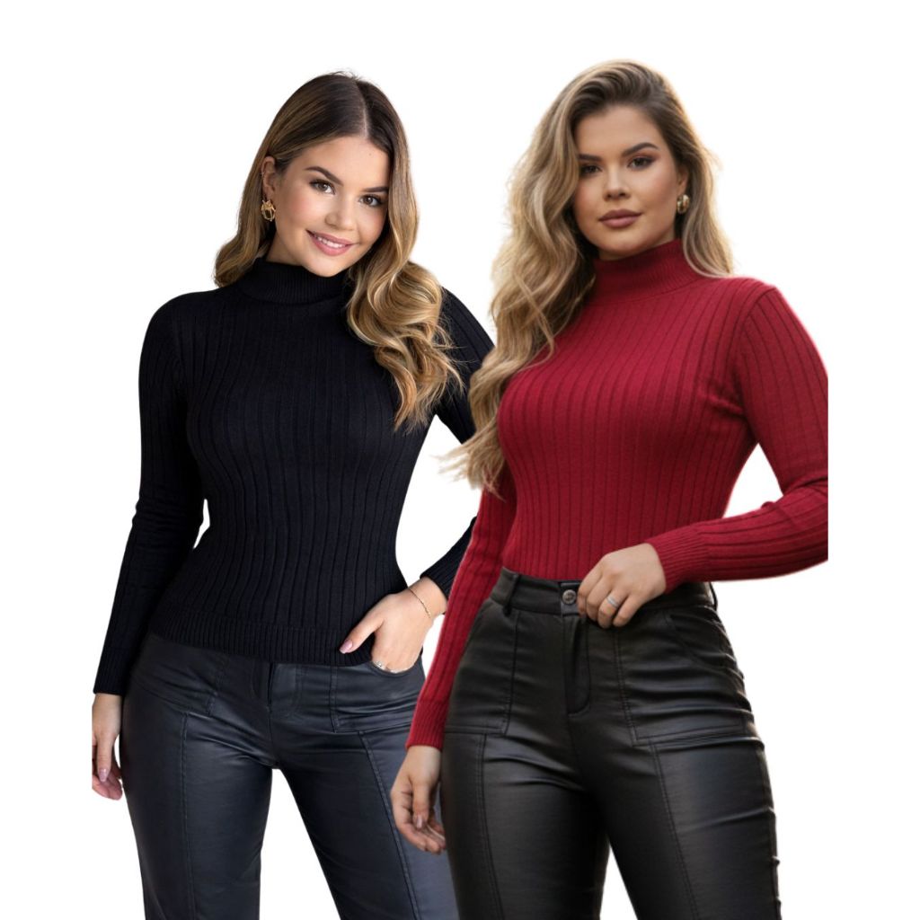 Kit 2 Blusas Cacharrel Feminina Tricot Modal Gola Alta Lisa Canelada de Inverno