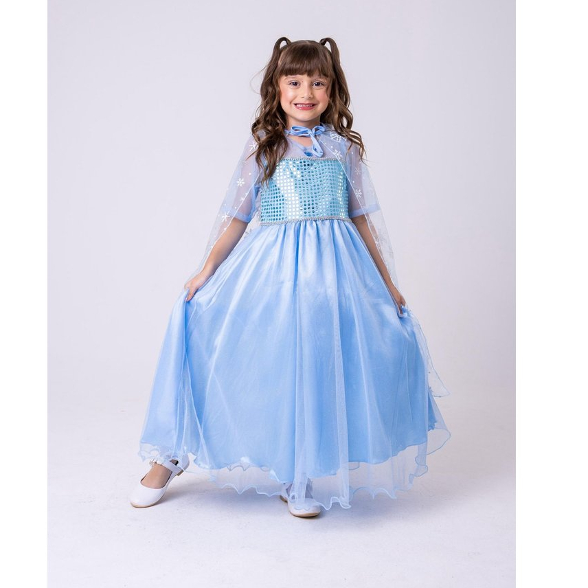 Vestido/Fantasia Infantil Menina Elsa Frozen Longa Azul Bebe Tule Acompanha Capa BRINDE Aniversario